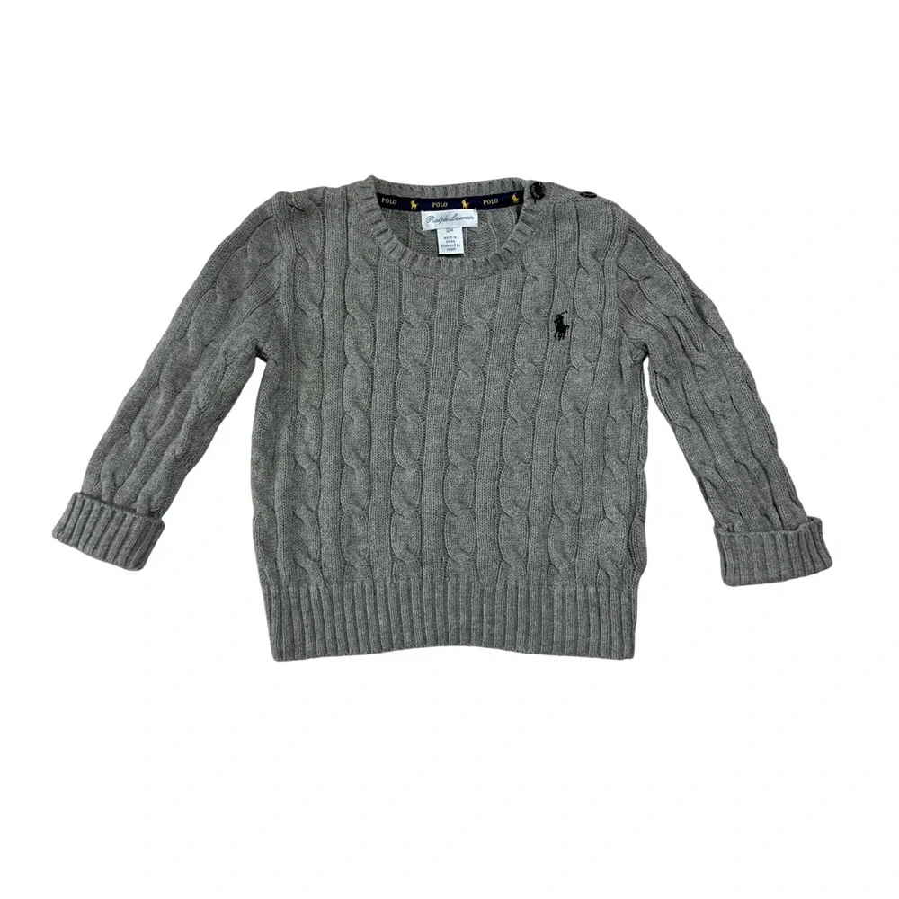 Toddler Boys Polo Ralph Lauren Gray Cable Knit Crewneck Sweater 18 Months